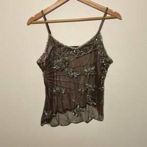 y2k Passport Mesh Sequin Embellished Butterfly Design Cropped Top sz L Brown